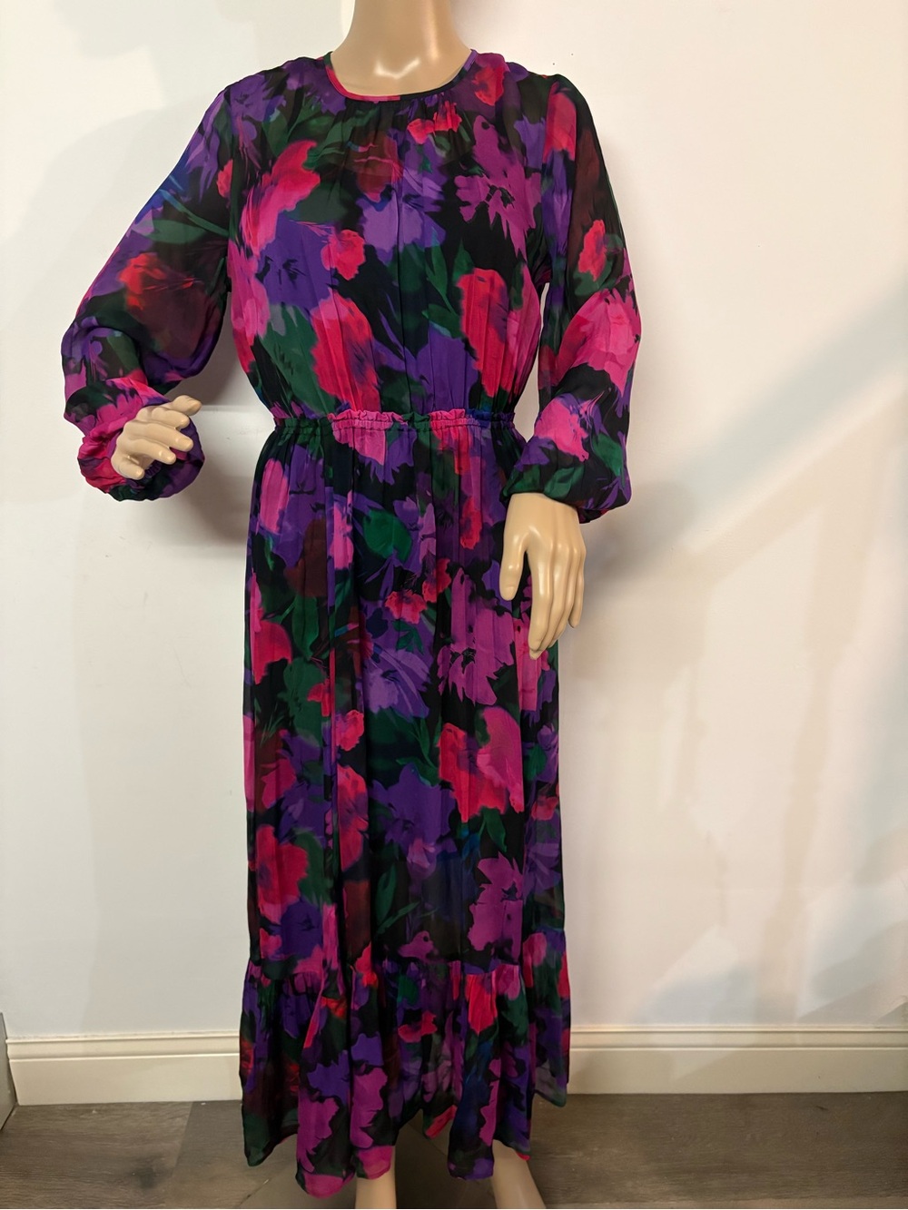 J. Crew Purple and Pink Floral Long Sleeve Midi Dress